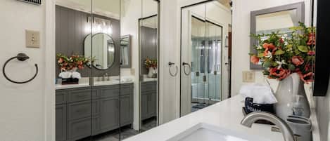 Shower, hair dryer, towels, soap