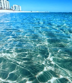 Clear ocean water with visible ripples and a distant shoreline with buildings.