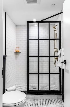 Hair dryer, towels, soap, toilet paper