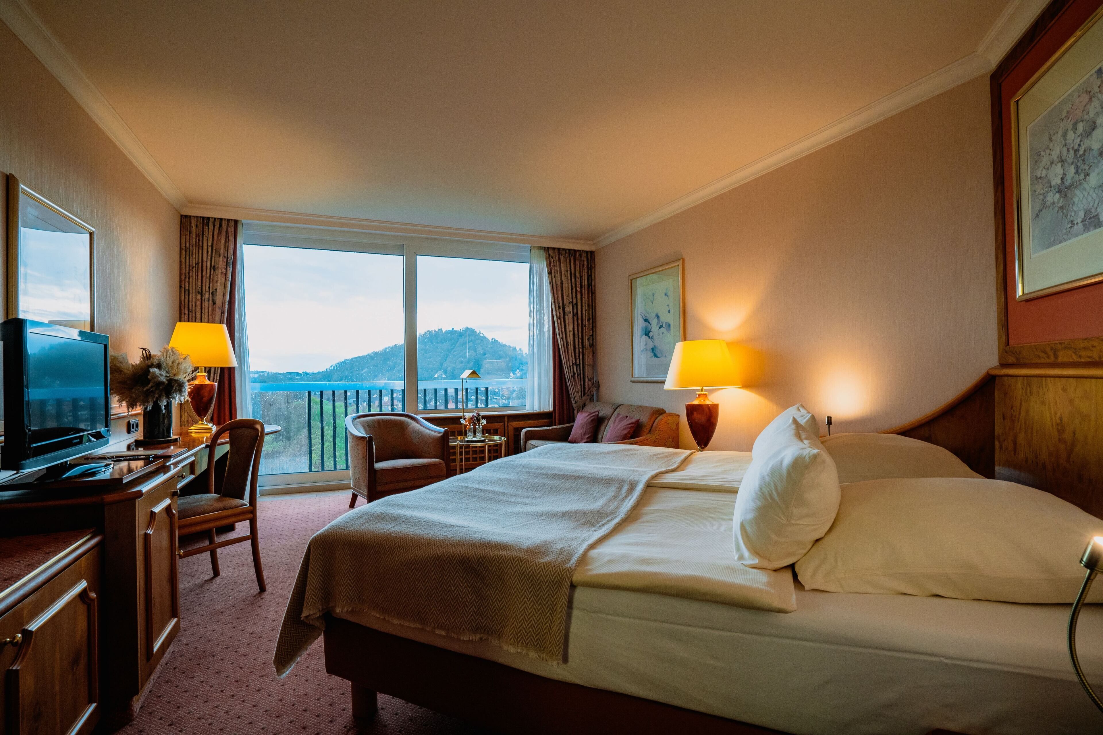 Hypo-allergenic bedding, free minibar, in-room safe, desk