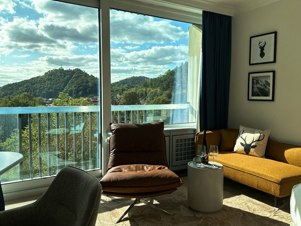 Une pièce comprenant un canapé, un fauteuil et une petite table sur laquelle se trouvent une bouteille et des verres. Une grande fenêtre offre une vue sur une montagne et une cascade.
