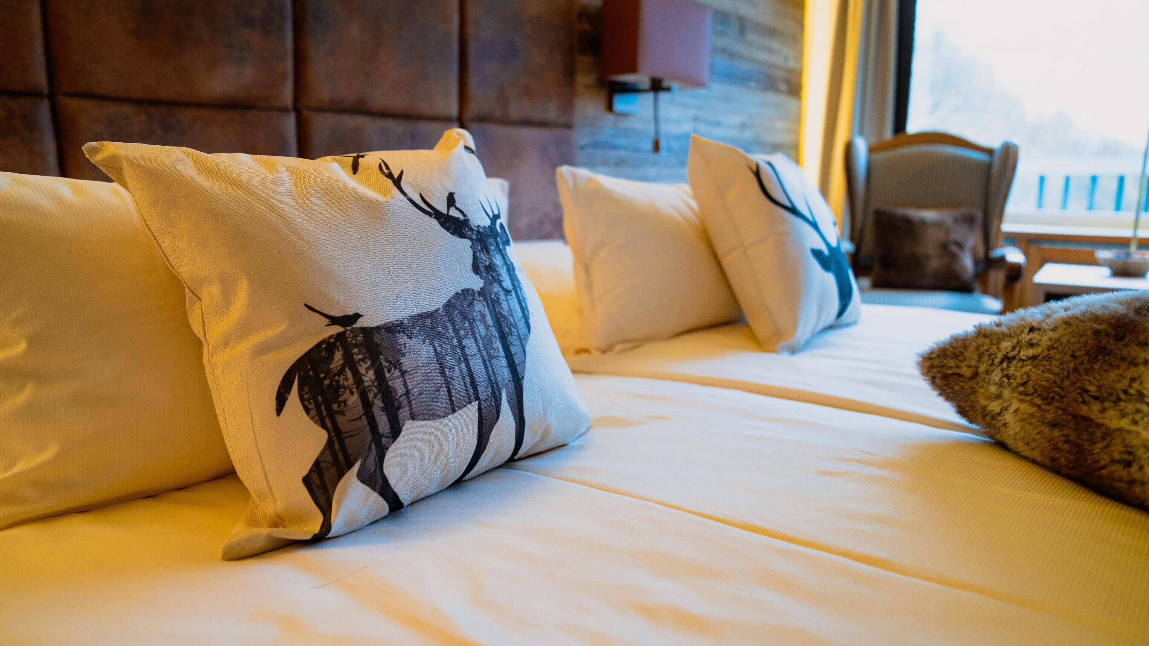 Habitación de hotel con cama, almohadas, una silla y vistas a través de una ventana.