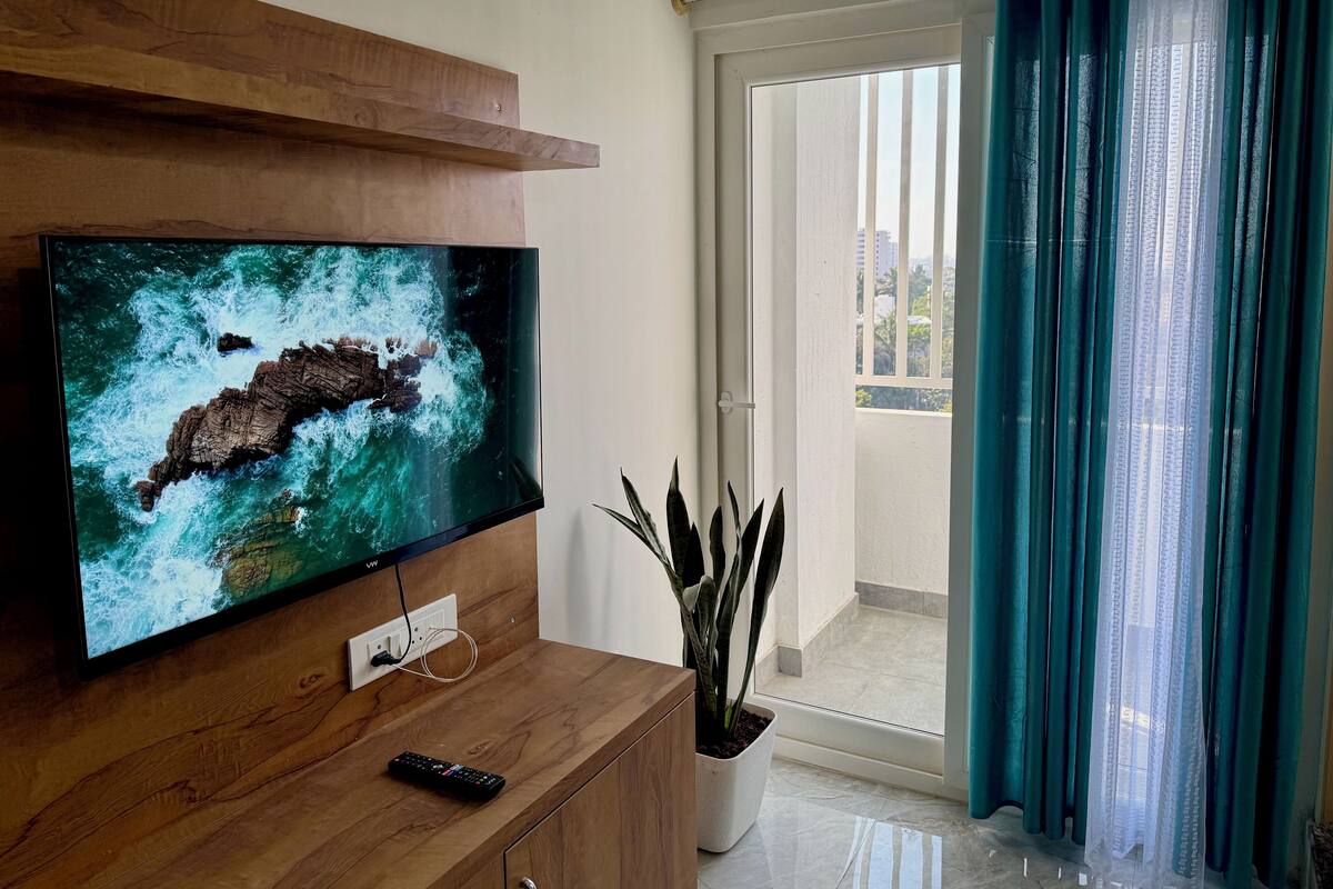 Un televisor de pantalla plana montado en un mueble de madera, una planta en maceta y una puerta corrediza de vidrio con cortinas.