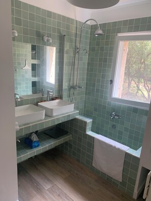 Shower, hair dryer, bidet, towels