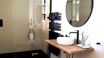 Hair dryer, towels, soap, toilet paper