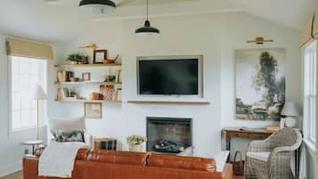 Smart TV, fireplace, books
