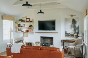 Smart TV, fireplace, books