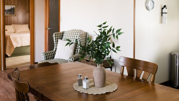 A wooden dining table with a vase of green leaves, salt and pepper shakers, and a woven placemat. A checkered armchair and a wooden chair are positioned around the table.