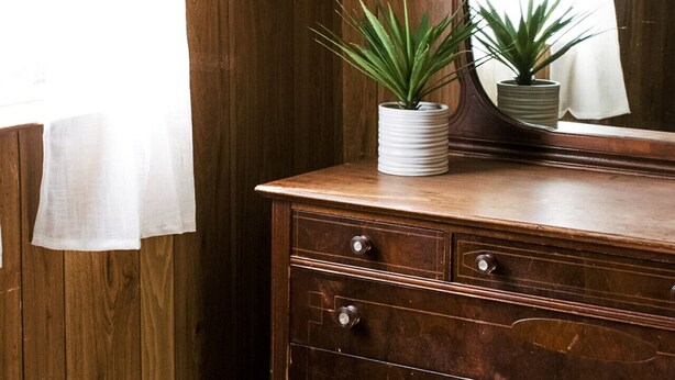 A wooden dresser with a mirror, two potted plants, and a patterned rug. - Cabin #2 at Beaver Creek (Strasburg)