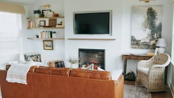 Smart TV, fireplace, books