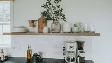 Fridge, microwave, stovetop, coffee/tea maker