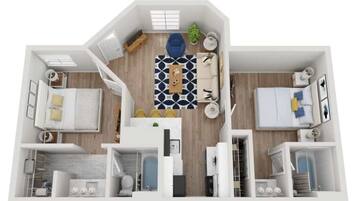 Un apartamento de dos habitaciones con sala de estar, comedor, cocina y baño.