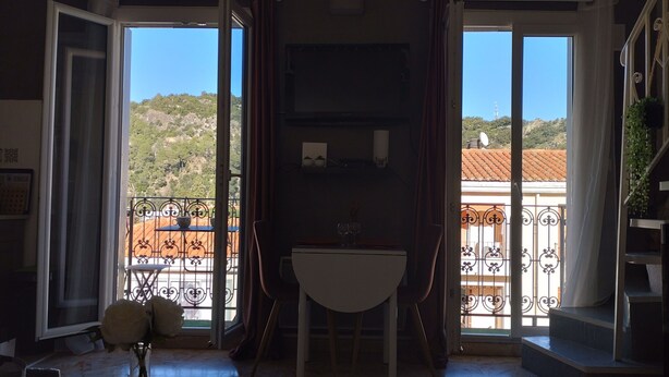 A room with a balcony, a table with a vase of flowers, and a view of a hillside. - Lovely studio in Amélie-les-Bains. Ideal for a spa treatment in the heart of Vallespir! (Amélie-les-Bains-Palalda)