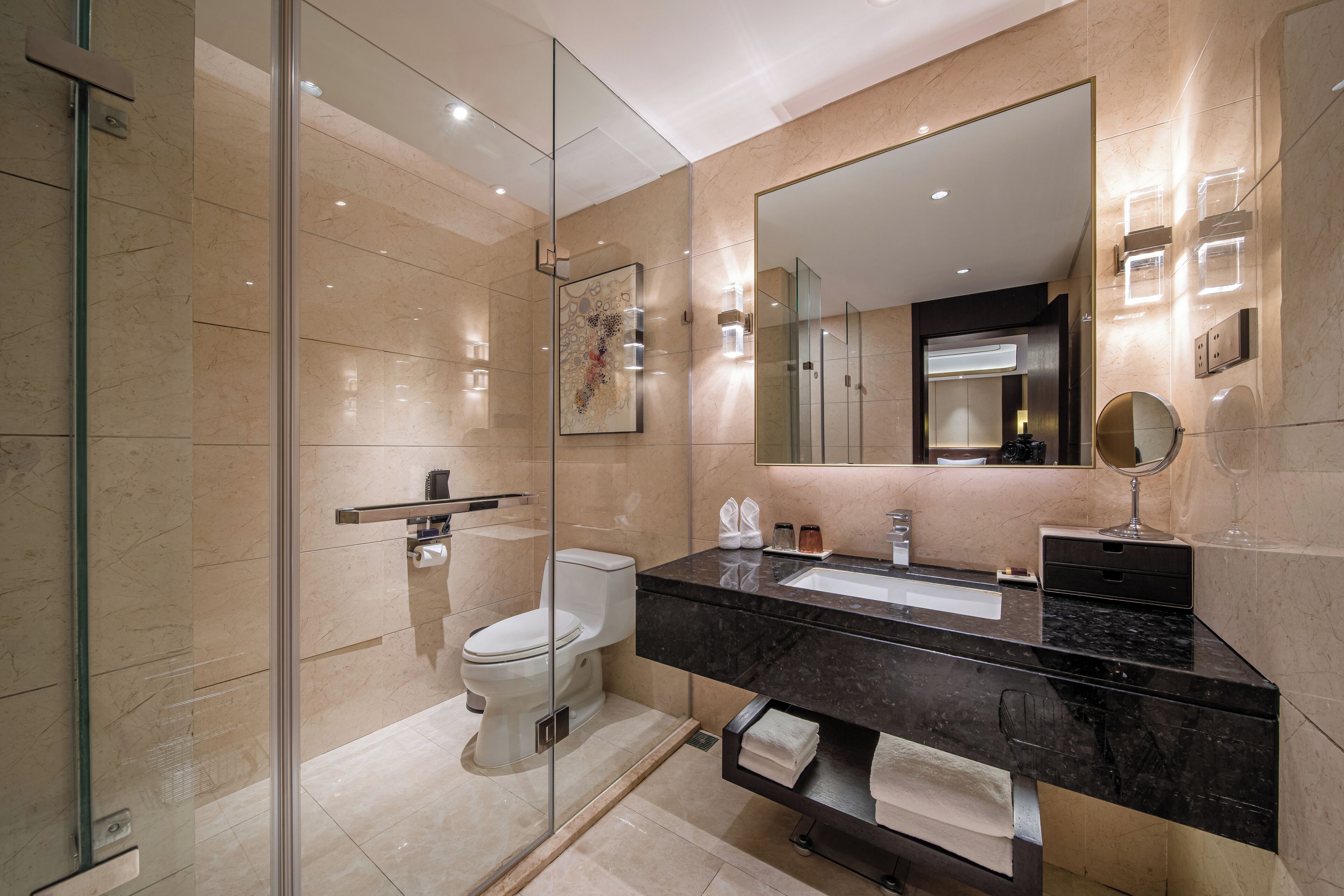 Un baño moderno con cabina de ducha de vidrio, inodoro, lavamanos con encimera negra y un espejo grande.