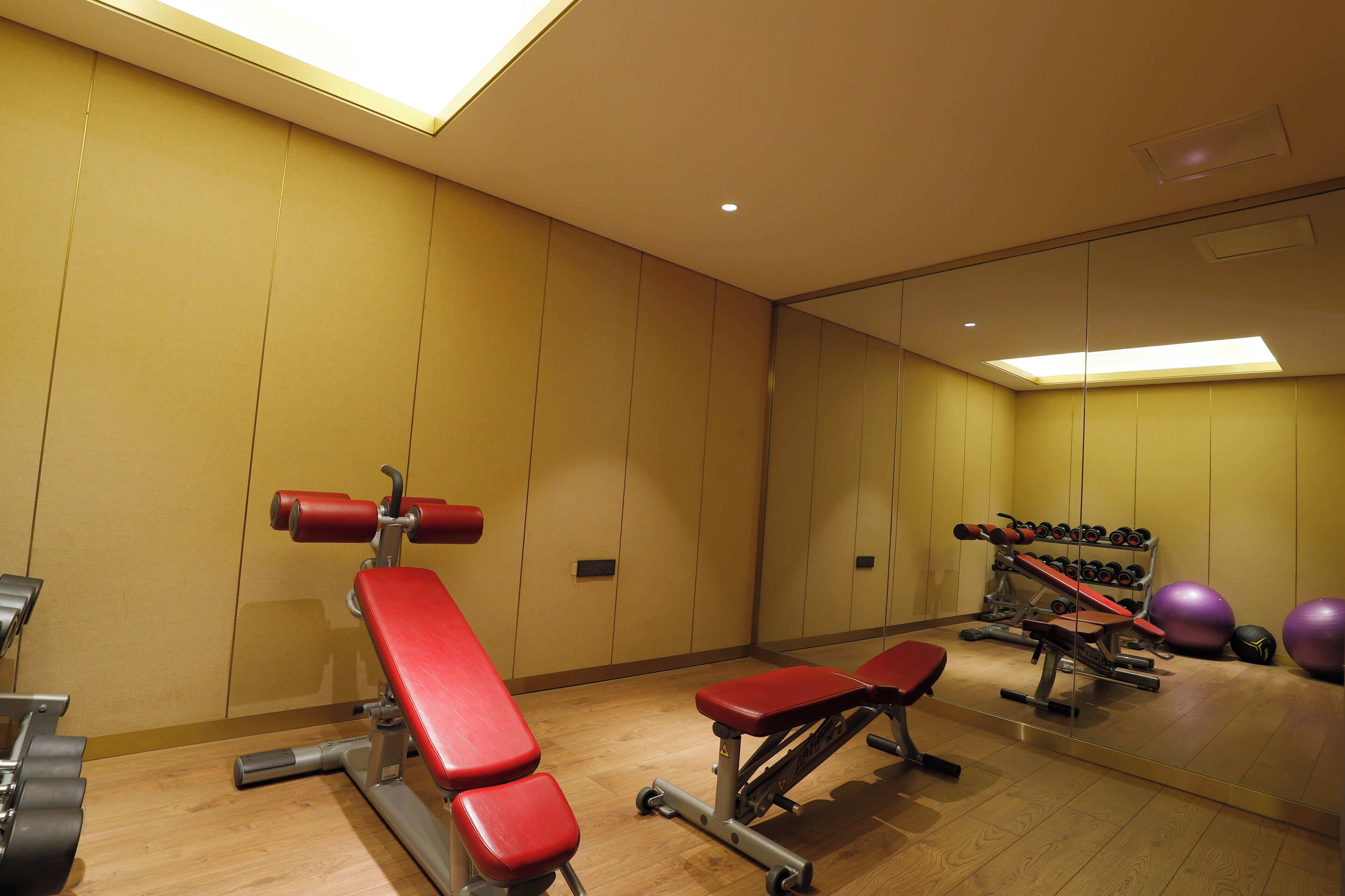Une salle de sport équipée de bancs, d’haltères et de ballons d’exercice.