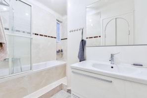 Hair dryer, towels, soap, toilet paper