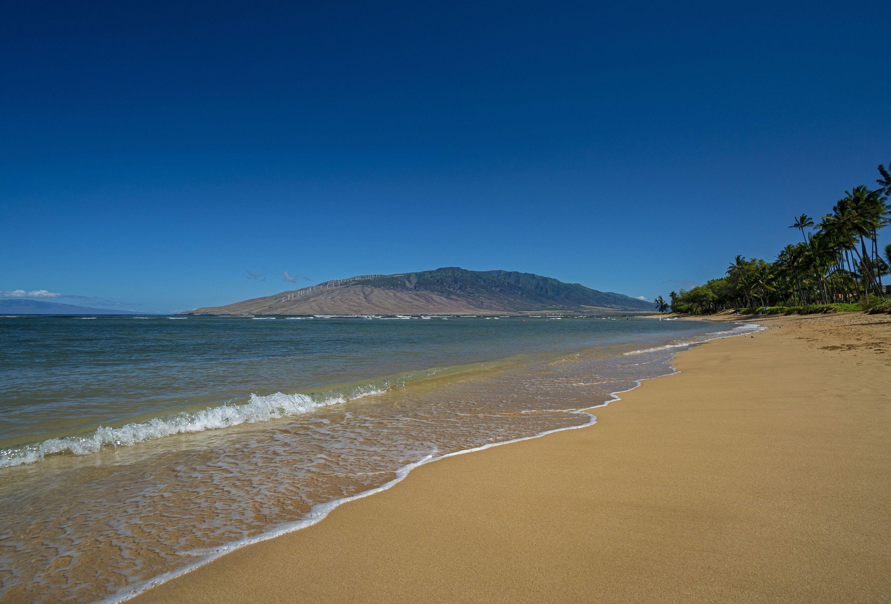 Una playa con vista despejada al océano y una montaña al fondo.