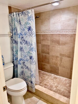 Ein Badezimmer mit Toilette, Dusche und gefliesten Wänden.
