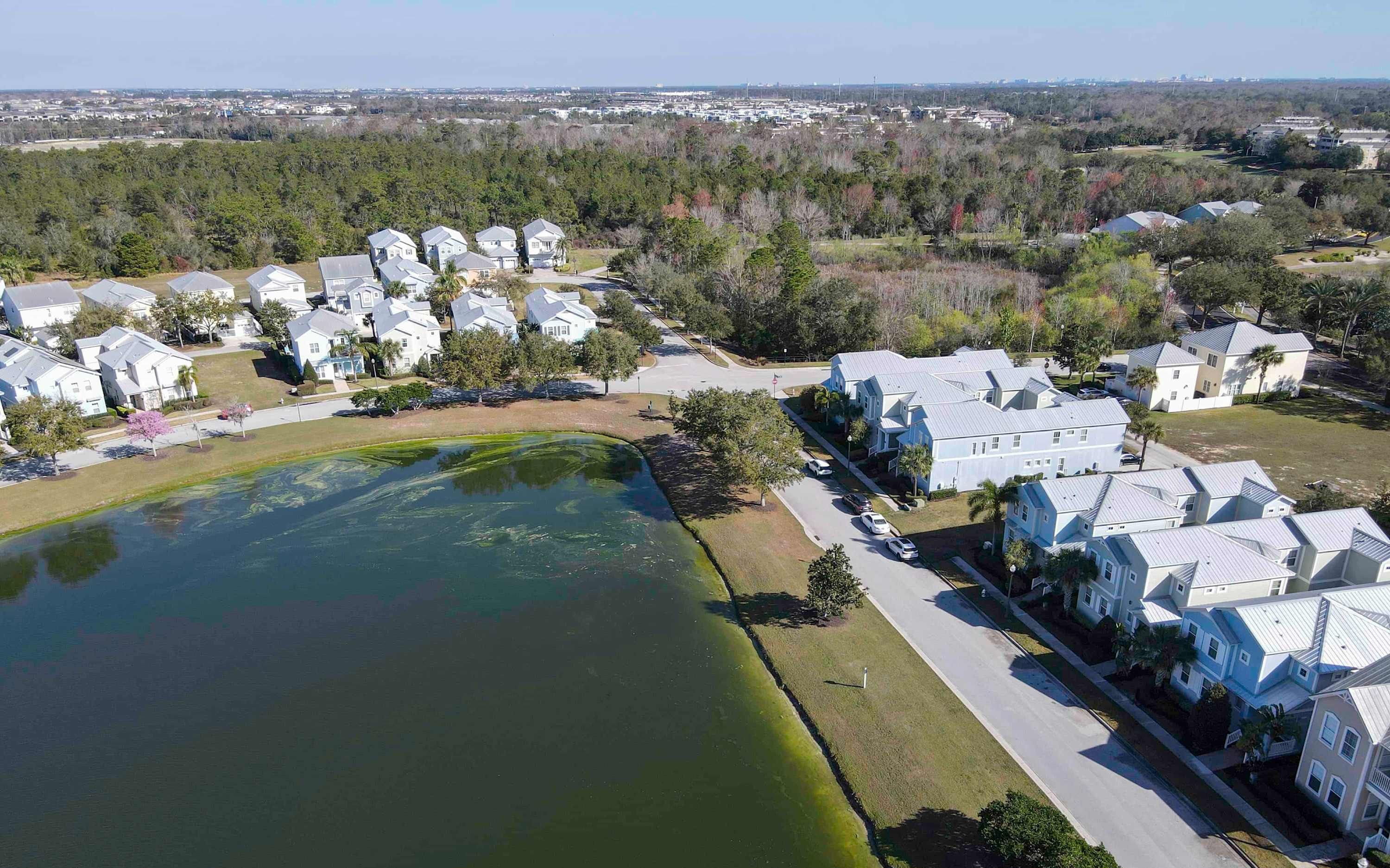 Un quartier résidentiel avec des maisons, un grand étang et une route.