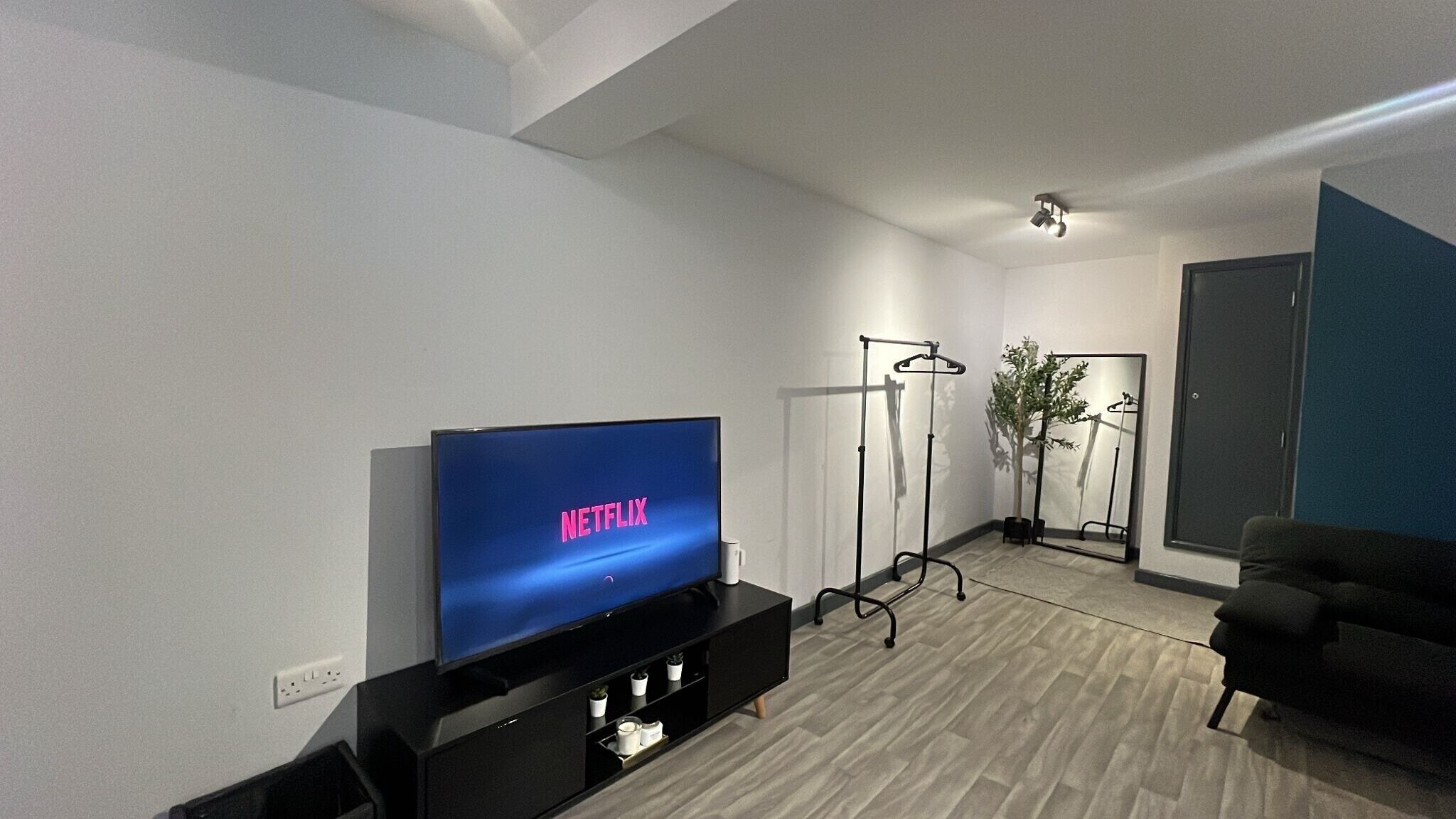Una sala de estar moderna con un televisor de pantalla plana mostrando 'NETFLIX', un mueble de entretenimiento negro, una planta, un espejo y un sofá oscuro.