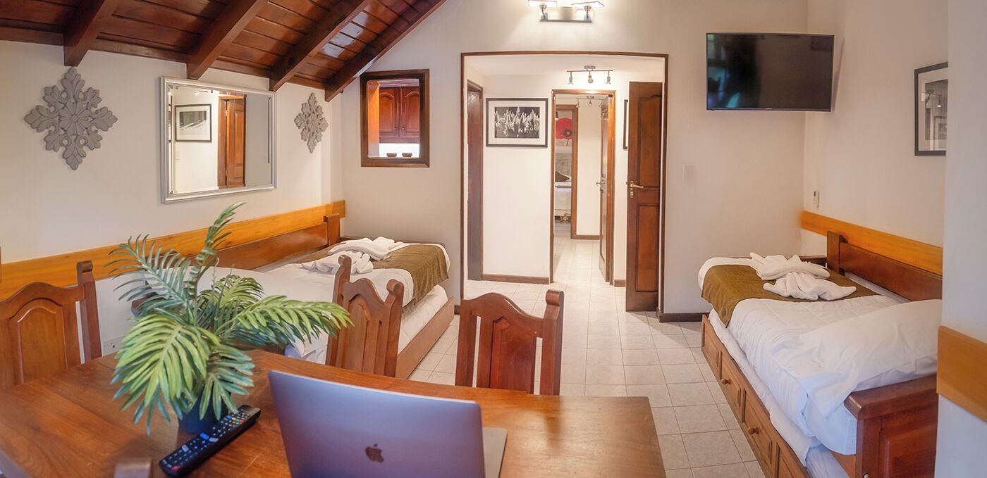 Een hotelkamer met twee bedden, een bureau met een laptop, een televisie en een plant.