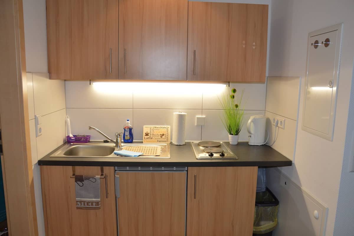 Una cocina compacta con armarios de madera, un lavamanos de acero inoxidable, una cafetera y una pequeña planta en maceta.
