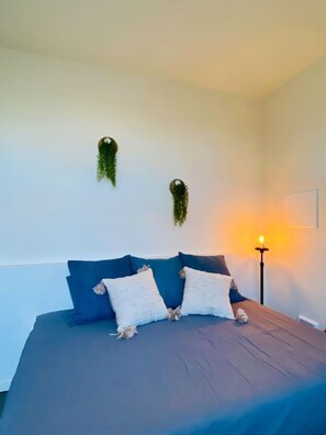 A bedroom with a bed, pillows, a hanging plant, and a bedside lamp. - The Imagination House! (Seattle)
