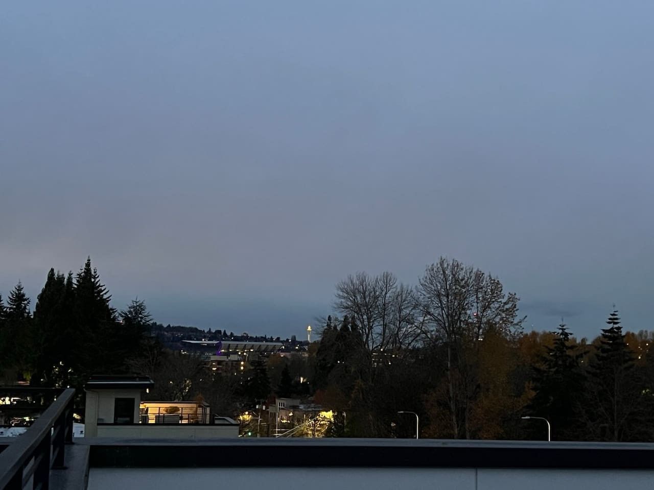 A view of a cityscape at dusk with buildings, trees, and a distant tower.
