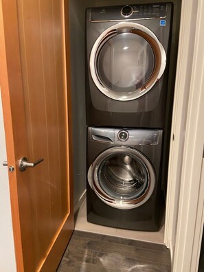 A compact, two-door laundry room with stainless steel appliances. - The Imagination House! (Seattle)