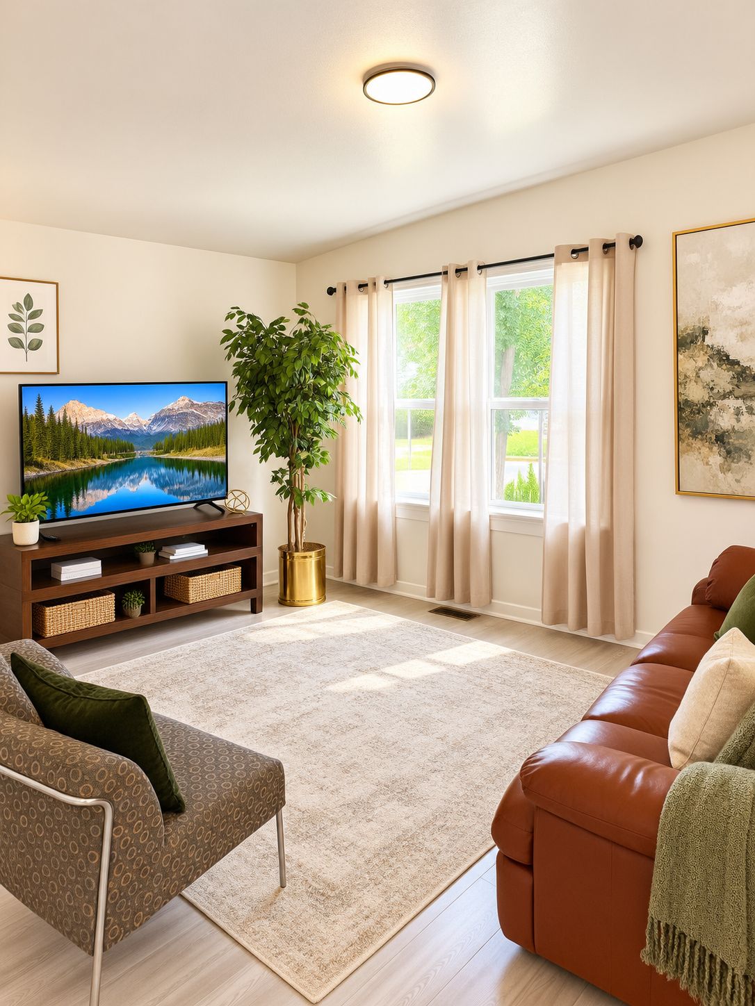 A living room with a flat-screen TV, a brown leather sofa, a patterned armchair, a large potted plant, and a window with curtains.