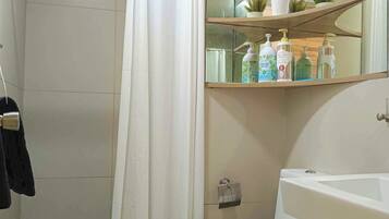 Hair dryer, towels, soap, toilet paper