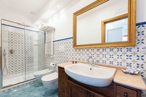 Shower, hair dryer, bidet, towels