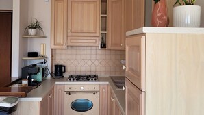Una cocina con armarios de madera, una estufa, un fregadero y una encimera con cafetera y planta.