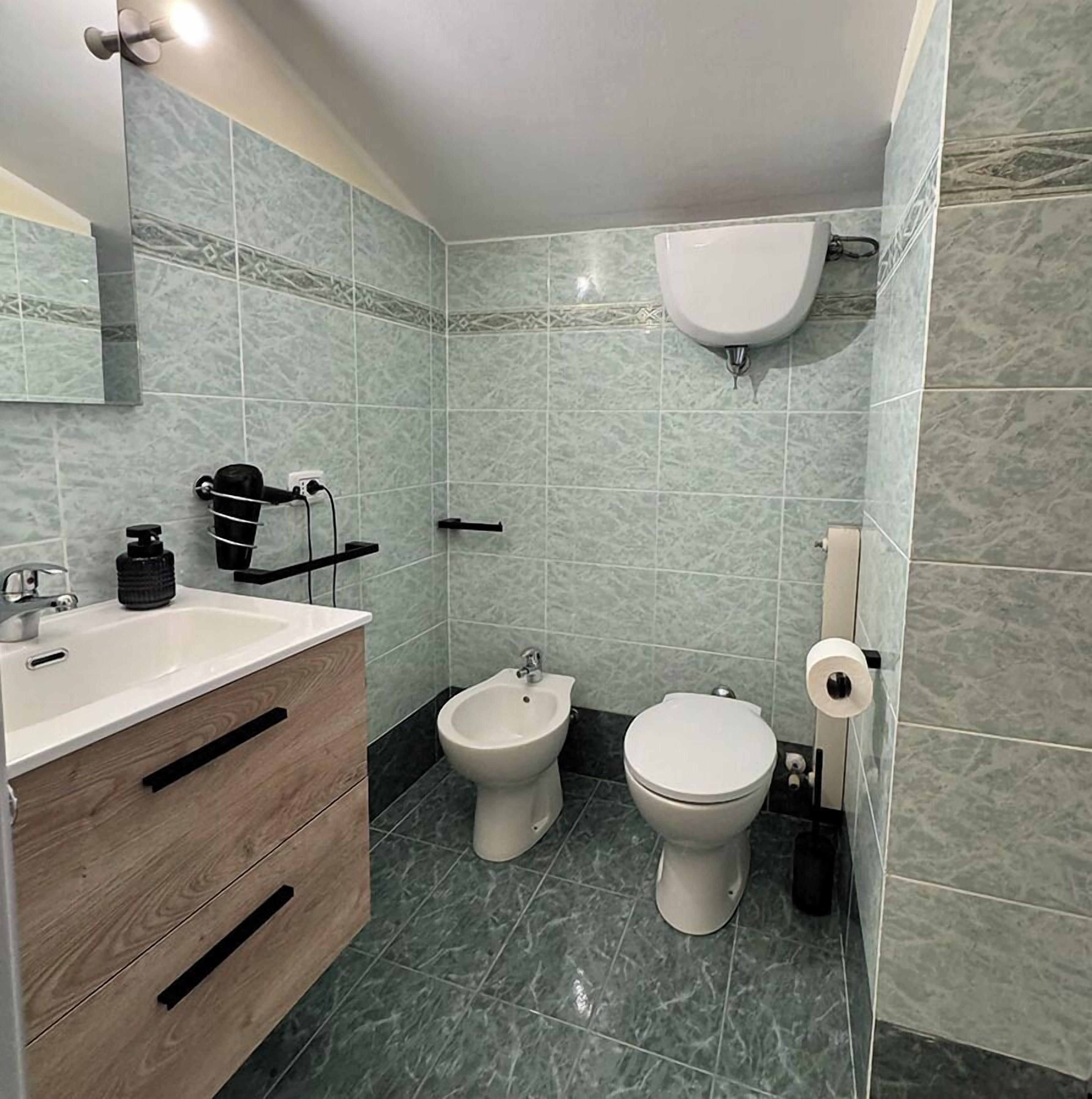 Hair dryer, towels, soap, shampoo