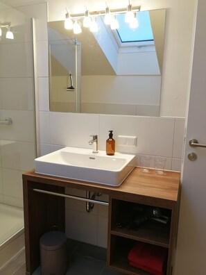 Dusche, Haartrockner, Handtücher, Seife