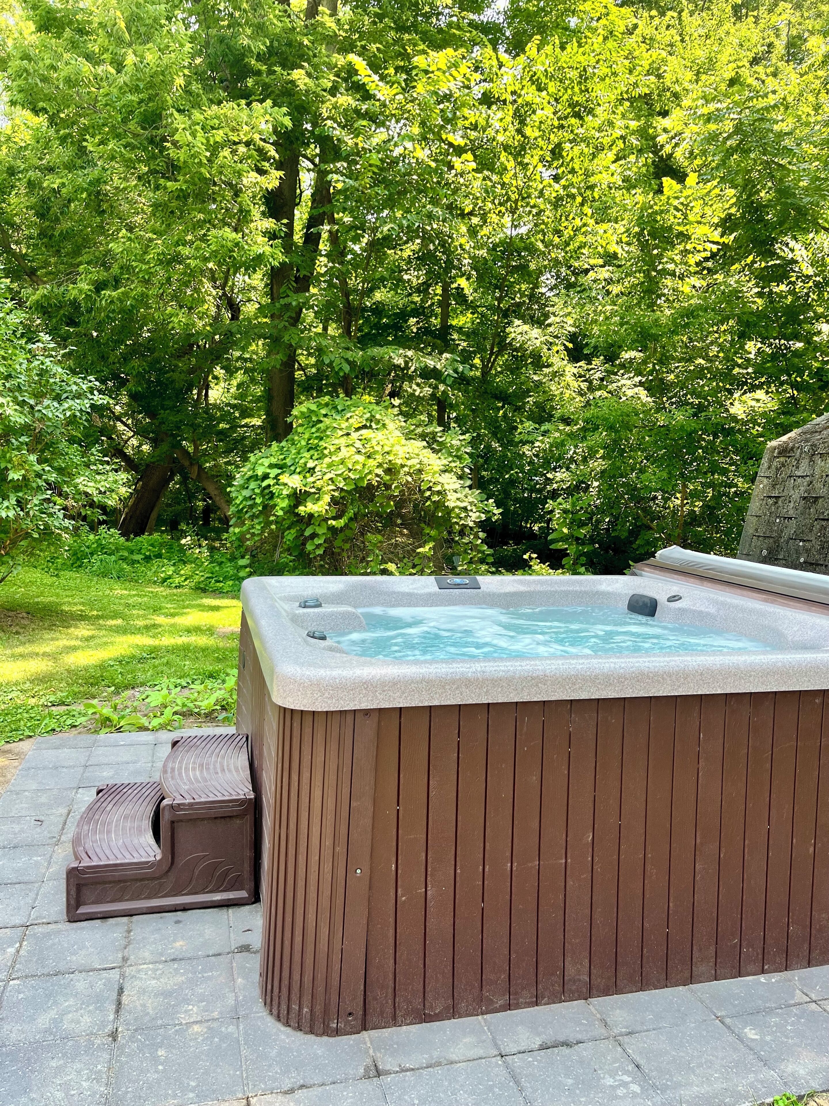 A hot tub in a garden with a stone pathway leading to it.