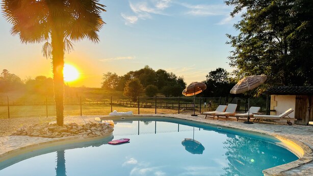 Una piscina con sillones de descanso y sombrillas, rodeada de baldosas de piedra y palmeras.