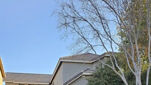A two-story residential building with a garage, a front door, and a small tree in the yard. - Charming 3-bedroom House in Queen Creek w/ Community Pool (Queen Creek)