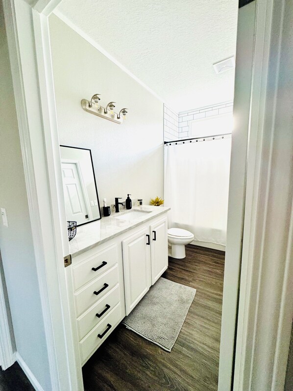 A bathroom with a white vanity, a mirror, a toilet, and a shower curtain. - The Last Stand Farmhouse! Beautiful kitchen, TV room, AC, WiFi in Okeechobee (Okeechobee)