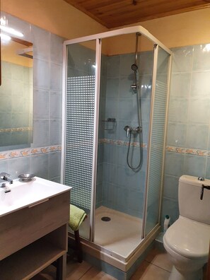 Chuveiro, secador de cabelo, papel higiênico 
