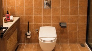 A bathroom with a toilet, a sink, a mirror, a towel rack, and a shower area. - Roof Rooms Fethiye (Fethiye)