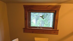 A dining area with a round table and four chairs, a window with a view of trees, and wooden trim around the window.
