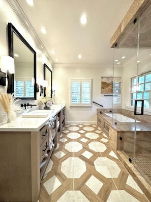 Shower, jetted tub, hair dryer, towels