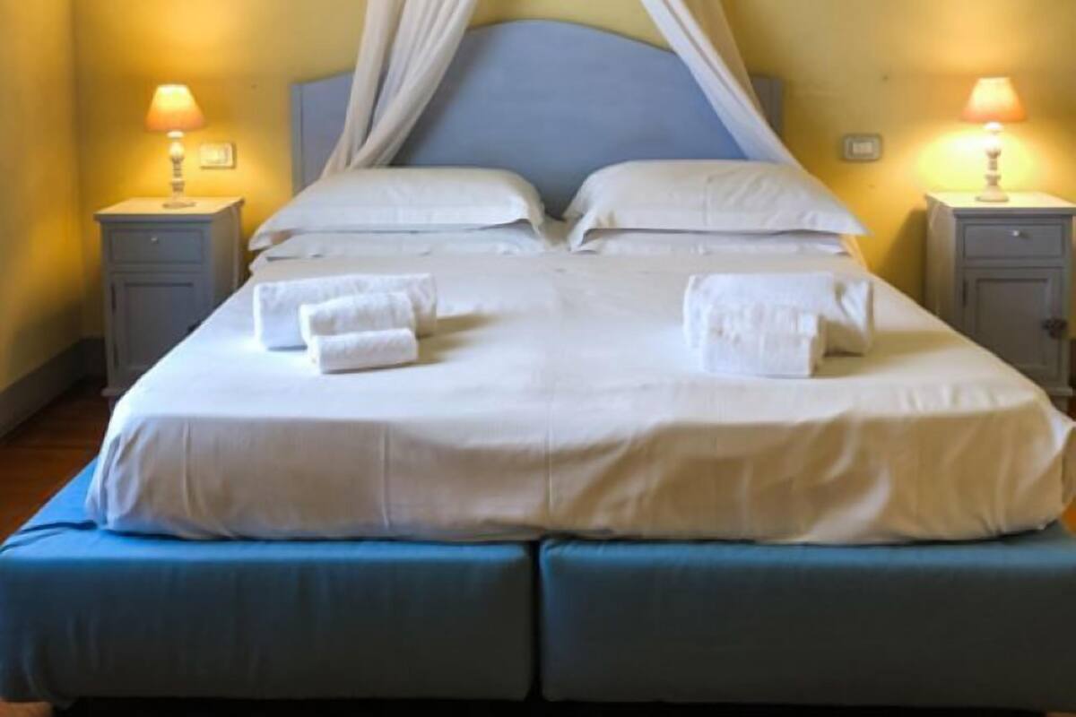 A double bed with a canopy, two bedside tables with lamps, and a wooden herringbone floor.