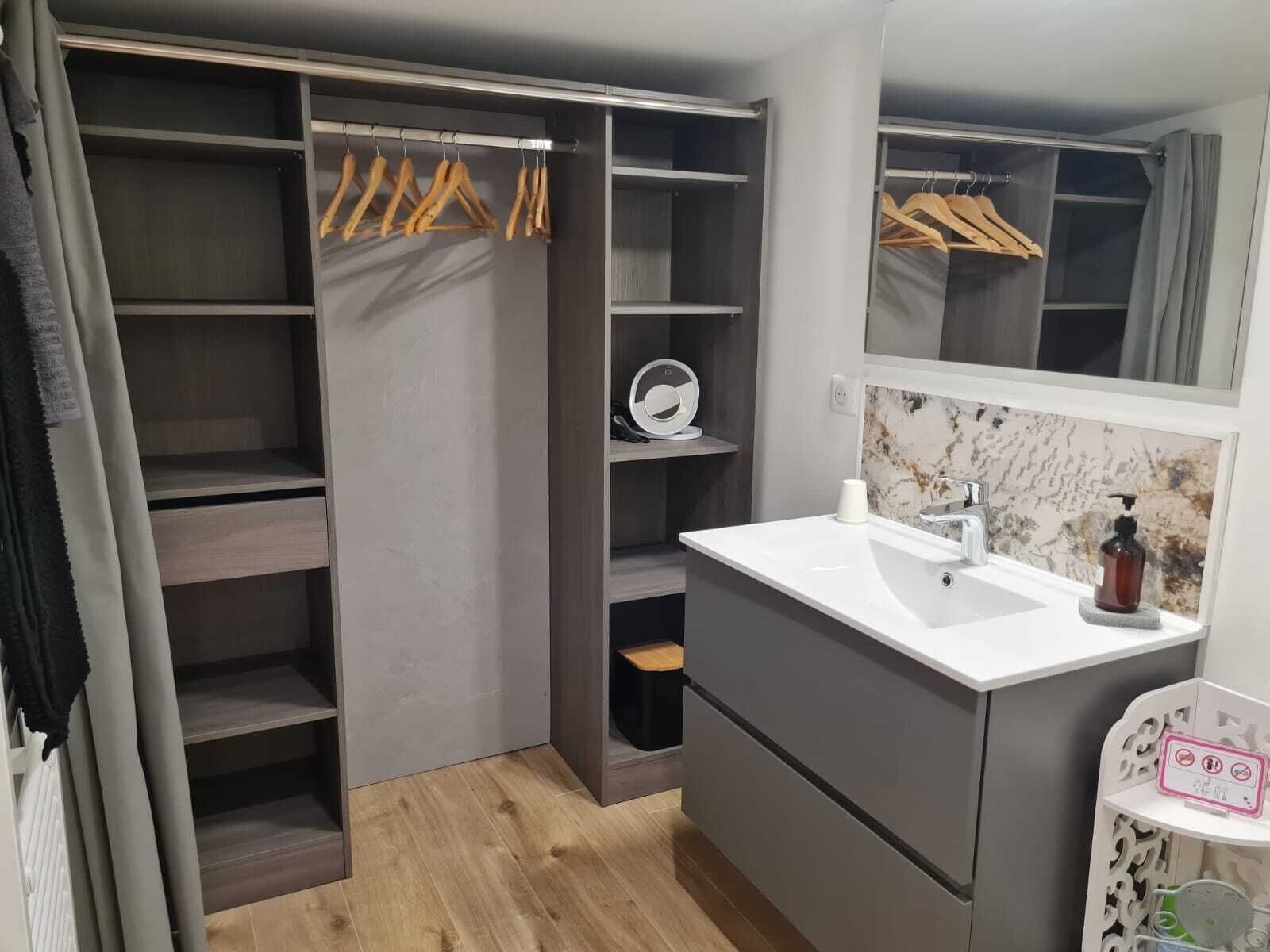Une salle de bain moderne avec un meuble-lavabo gris, un miroir et un espace douche.