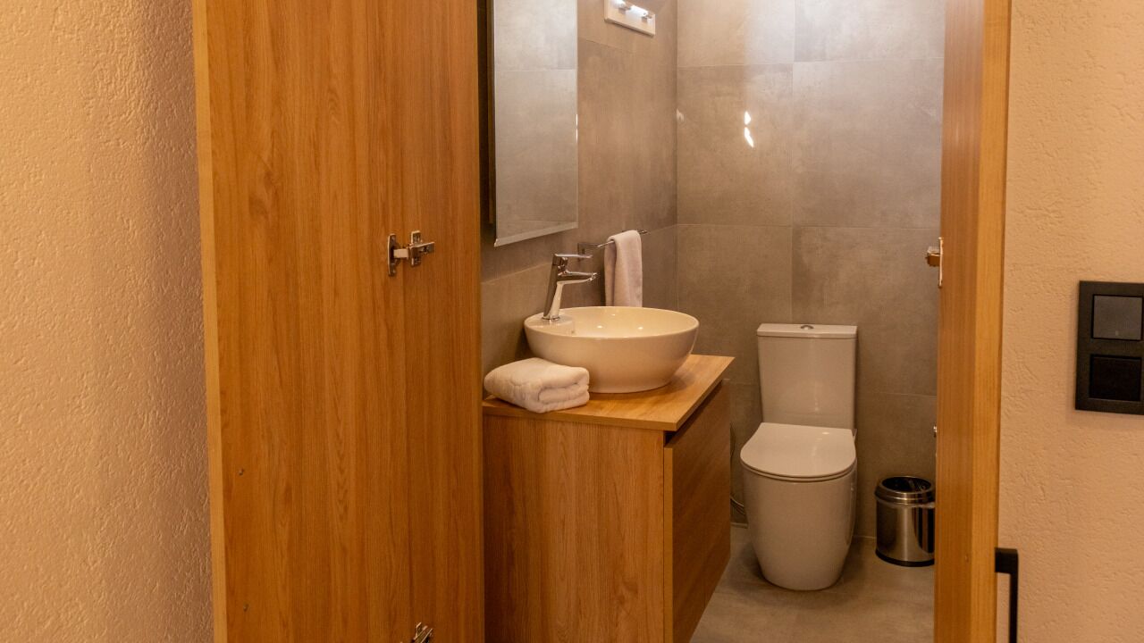Une salle de bain avec un meuble-lavabo en bois, un lavabo blanc, des toilettes et un espace douche.
