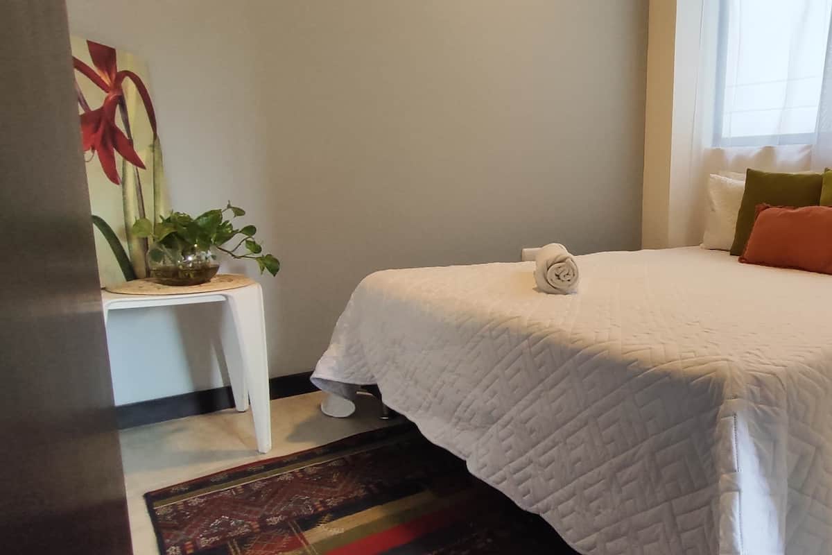 A neatly made bed with a white quilt, a small bedside table with a plant, and a window with sheer curtains.