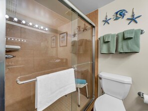 Hair dryer, towels, soap, toilet paper
