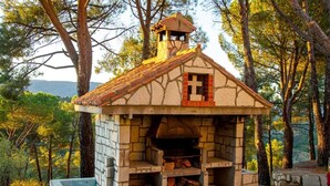 Un forno esterno in pietra con camino, circondato da alberi e uno sfondo montuoso.