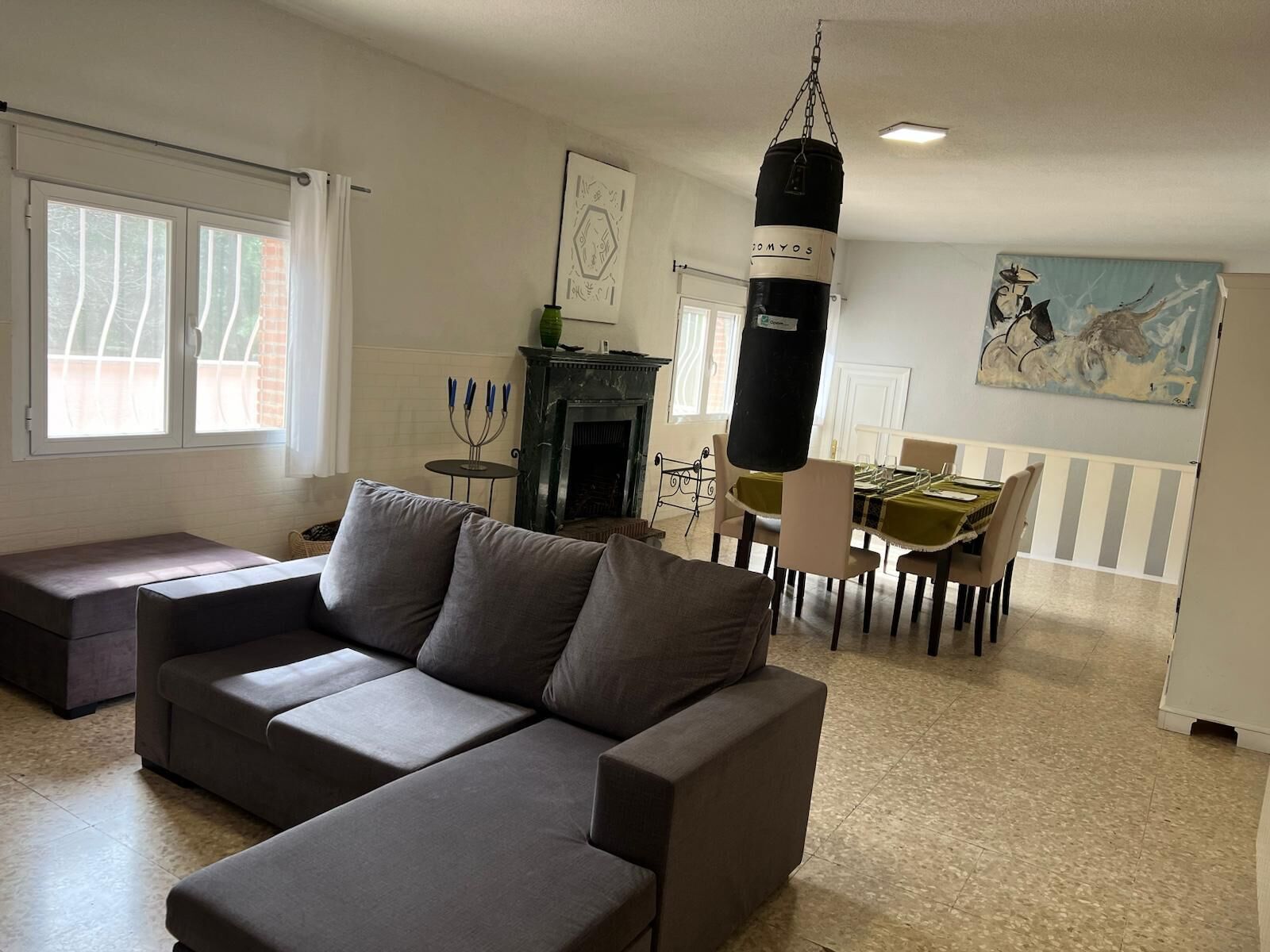 TV connectée, cheminée, livres